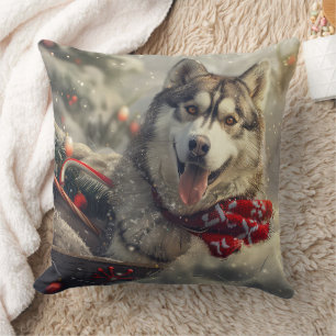 Cojín Decorativo Perro Husky Siberiano Festivo de Navidad