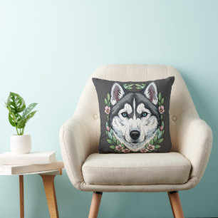 Cojín Decorativo Perro Husky Siberiano y flores de Laurel de Montañ