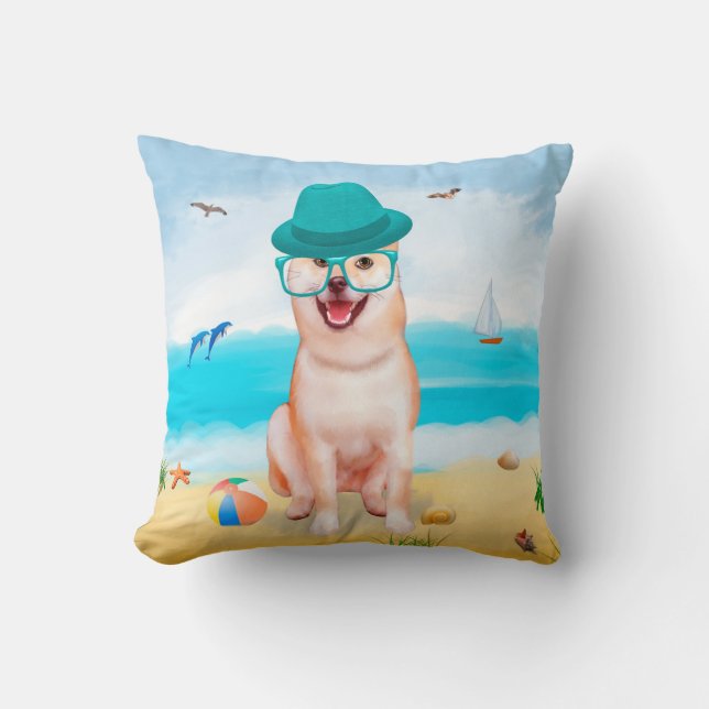 Cojín Decorativo Perro Inu Shiba en la playa (Anverso)