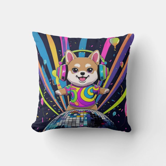 Cojín Decorativo Perro Kawaii Shiba Inu Bailando Neón Retro (Anverso)