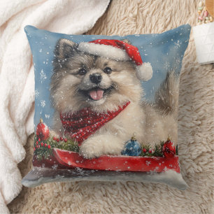 Cojín Decorativo Perro Keeshond en Trineo Deja que Nieve Navidad