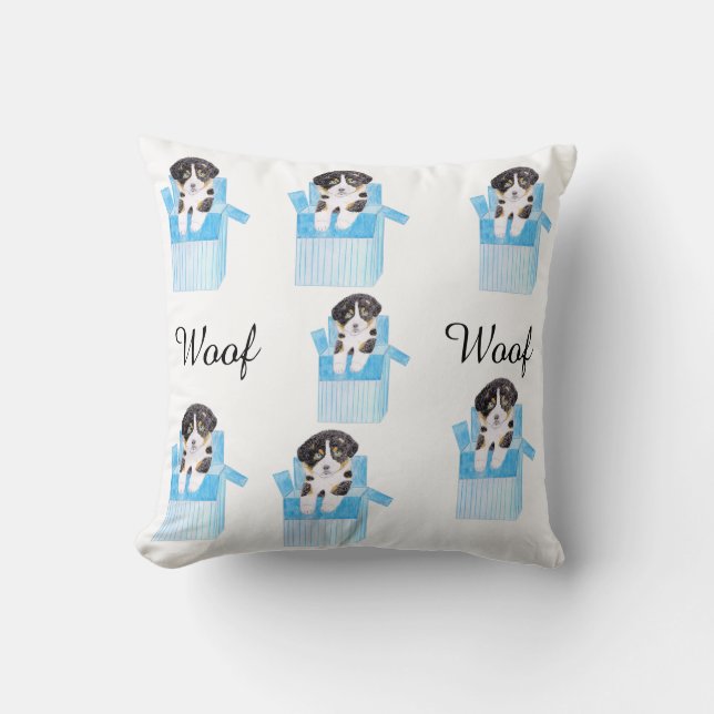 Cojín Decorativo Perro lindo con un woof de caja azul (Anverso)