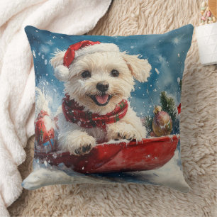 Cojín Decorativo Perro maltés en trineo Deja que nieve Navidad