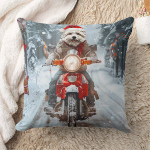 Cojín Decorativo Perro Maltés Montando Motocicleta Navidad