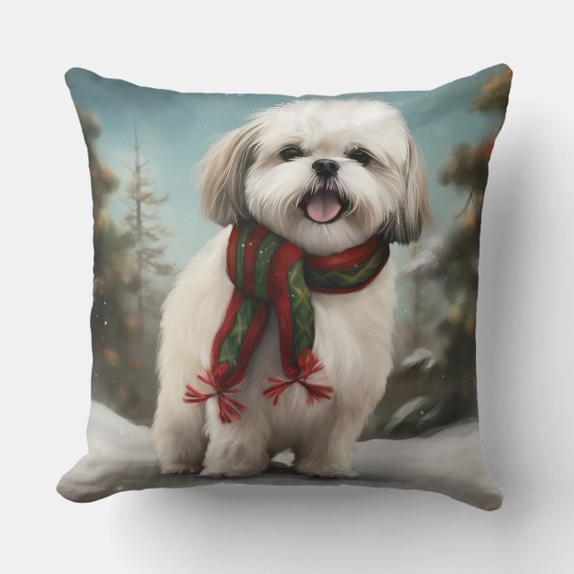 Cojín Decorativo Perro Malti Tzu en Navidades de nieve (Anverso)
