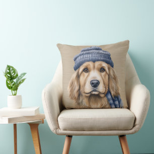 COJÍN DECORATIVO PERRO MARRÓN Y BLANCO CON GORRA AZUL