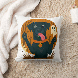 Cojín Decorativo Perro negro lindo y espeluznante con fantasma