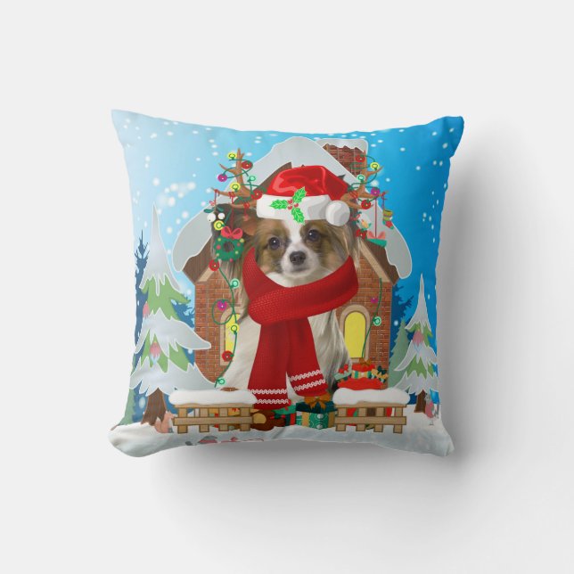 Cojín Decorativo Perro papilón con regalos de Navidades (Anverso)