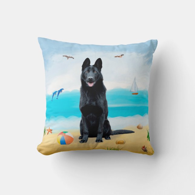 Cojín Decorativo Perro pastor alemán negro en la playa (Anverso)