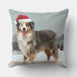 Cojín Decorativo Perro pastor australiano en Navidad con nieve 