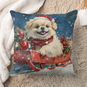 Cojín Decorativo Perro Pequinés en Trineo Deja que Nieve Navidad