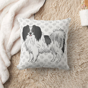 Cojín Decorativo Perro Phalène Blanco Y Negro Sobre Huellas De Pata