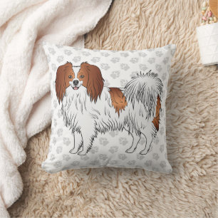 Cojín Decorativo Perro Phalène Rojo Y Blanco Sobre Huellas De Pata