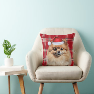 Cojín Decorativo Perro Pomerania Cuadro Rojo Navidad Fiesta