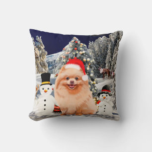 Cojín Decorativo Perro Pomerania sentado en un Gorra de Navidades d