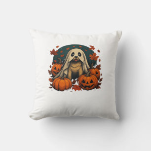 Cojín Decorativo Perro Pug Adorable Con Calabazas Otoño Halloween C