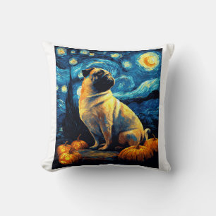 Cojín Decorativo Perro Pug de la noche estrellada de van gogh hallo