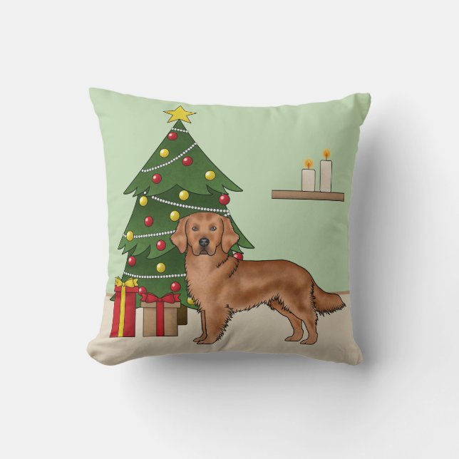 Cojín Decorativo Perro Red Golden Retriever con árbol de Navidad (Anverso)