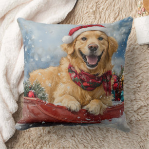 Cojín Decorativo Perro Retriever Dorado en Trineo Nieve Navidad