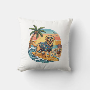 Cojín Decorativo Perro Retriever Dorado Surfing Surfboard Atardecer