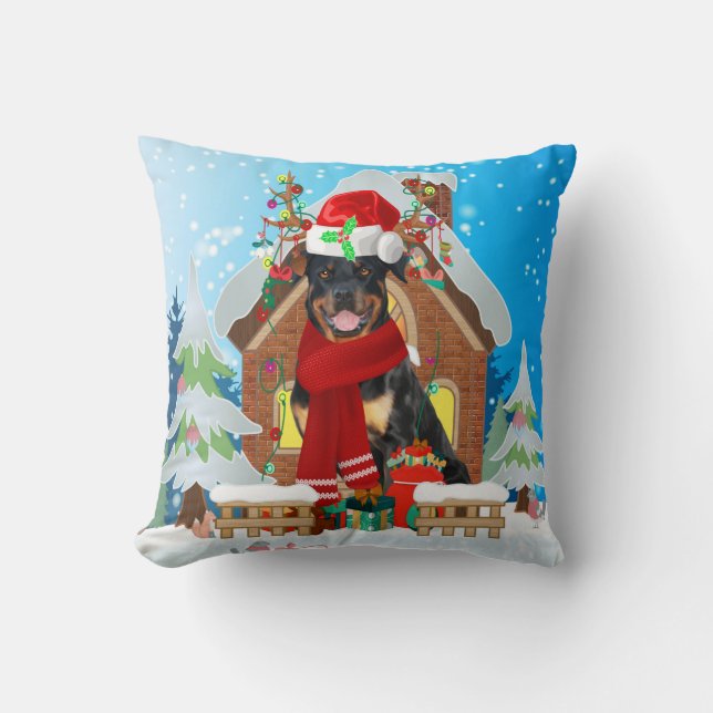 Cojín Decorativo Perro Rottweiler con regalos de Navidad (Anverso)