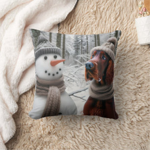 Cojín Decorativo Perro Setter Irlandés Con un Muñeco de Nieve