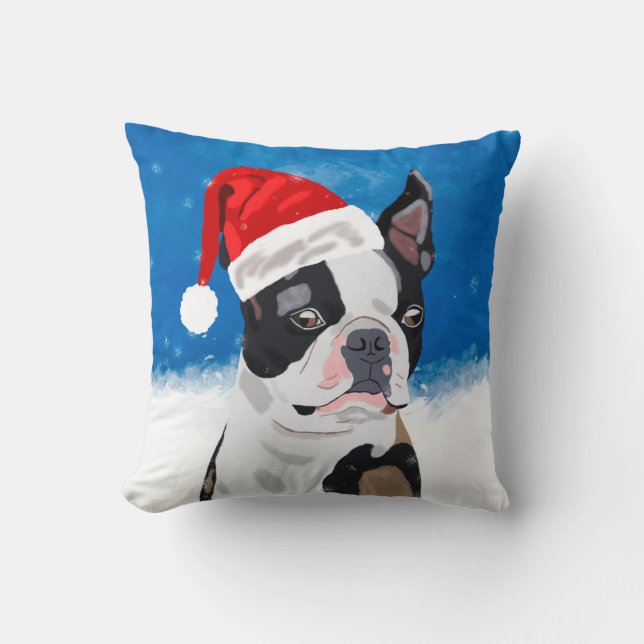 Cojín Decorativo Perro terrorífico de Boston con Navidades de nieve (Anverso)