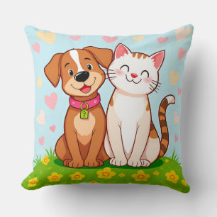 Cojín Decorativo Perro y gato de caricatura lindo sentados juntos