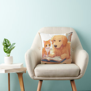 Cojín Decorativo Perro y gato leyendo un libro