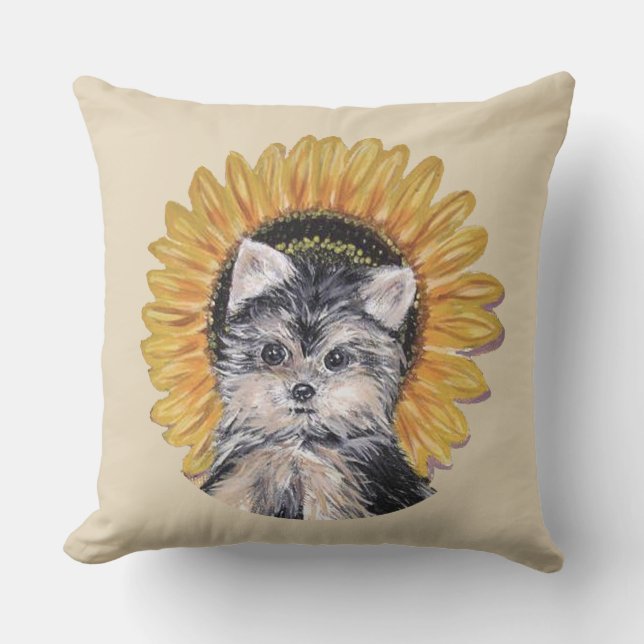 Cojín Decorativo Perro y girasol de Cute Yorkshire en Beige (Anverso)