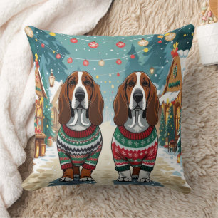 Cojín Decorativo Perros Basset Hound Navidad Nieve Fiesta