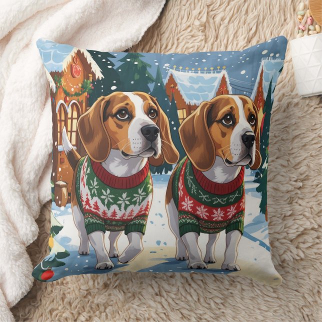 Cojín Decorativo Perros Beagle Navidad Nieve Fiesta (Manta)