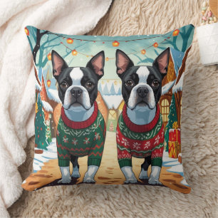 Cojín Decorativo Perros Boston Terrier Navidad Nieve Fiesta