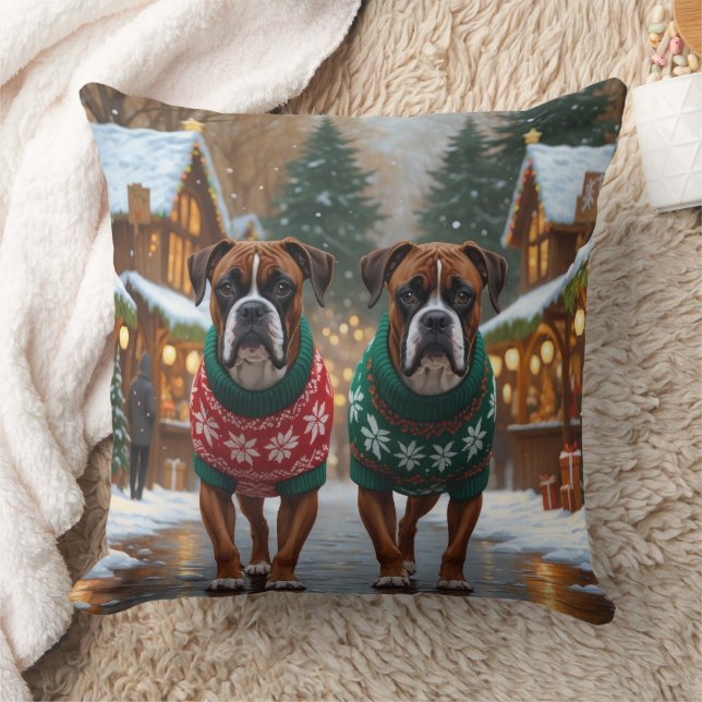 Cojín Decorativo Perros Boxer Navidad Nieve Fiesta  (Manta)