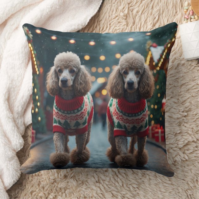 Cojín Decorativo Perros Caniche Navidad Nieve Fiesta  (Manta)