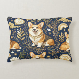 Cojín Decorativo Perros Corgi Elegantes Dorado Damask Azul Marino