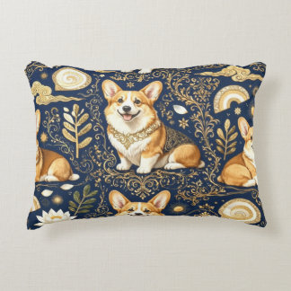 Cojín Decorativo Perros Corgi Elegantes Dorado Damask Azul Marino