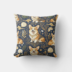 Cojín Decorativo Perros Corgi Elegantes Patrón de Damasco Dorado Az