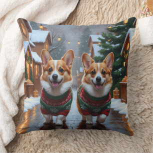 Cojín Decorativo Perros Corgi Navidad Nieve Fiesta
