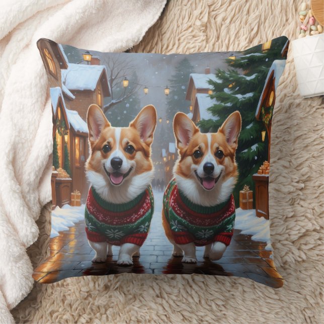 Cojín Decorativo Perros Corgi Navidad Nieve Fiesta (Manta)