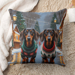Cojín Decorativo Perros Dachshund Navidad Nieve Fiesta