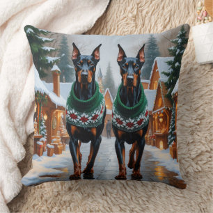 Cojín Decorativo Perros Doberman Navidad Nieve Fiesta 