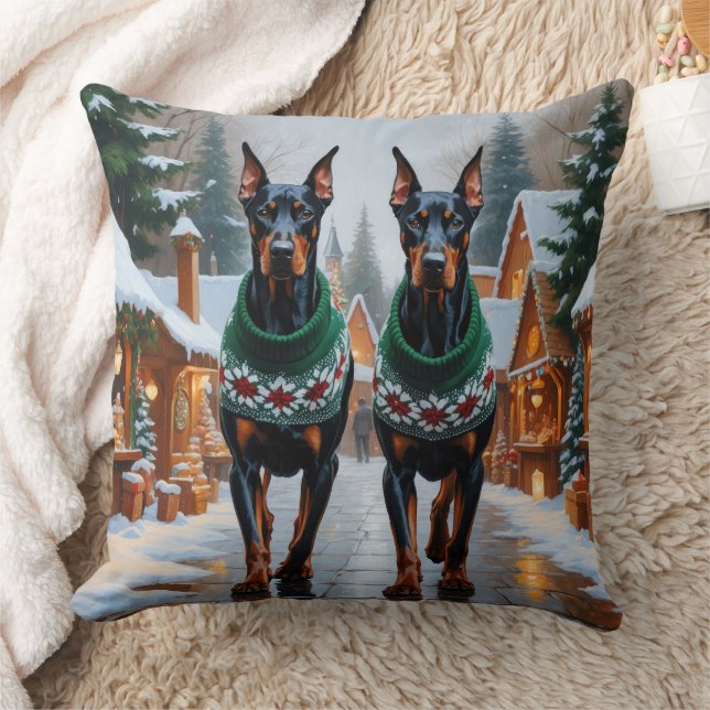 Cojín Decorativo Perros Doberman Navidad Nieve Fiesta  (Manta)