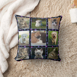 Cojín Decorativo Perros Gatos Azul Púrpura Rosa Huellas de Pezuña F