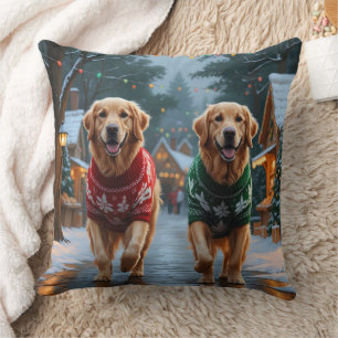Cojín Decorativo Perros Golden Retriever Navidad Nieve Fiesta