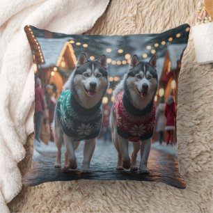 Cojín Decorativo Perros Husky Siberiano Navidad Nieve Fiesta 