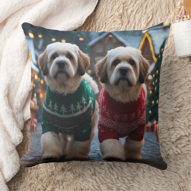 Cojín Decorativo Perros Lhasa Apso Navidad Nieve Fiesta (Manta)