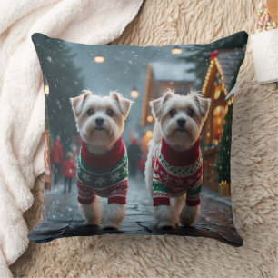 Cojín Decorativo Perros Malteses Navidad Nieve Fiesta