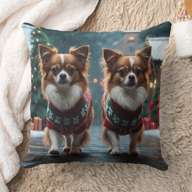Cojín Decorativo Perros Papillon Navidad Nieve Fiesta (Manta)