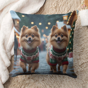 Cojín Decorativo Perros Pomerania Navidad Nieve Fiesta 
